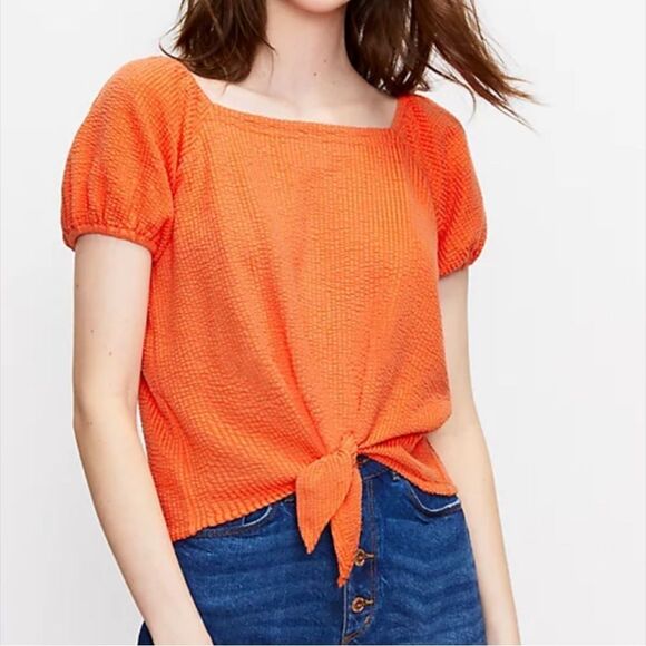 Loft Seersucker Tie Front Square Neck Top - Size XS - Picture 1 of 9